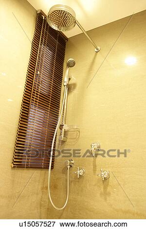 Shower head, Bathroom, Sun blinds, Tab, Restrooms, Window View Large Photo Image Stock Photo - Shower head, Bathroom, Sun blinds, Tab, Restrooms, Window. Fotosearch