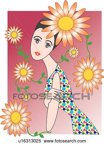 Stock Illustration - female, plants, flower, illustration, woman, portrait, African daisy. Fotosearch