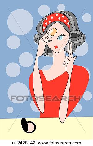 Drawing - females, person, cosmetic, woman, powder puff, applying, indoors. Fotosearch
