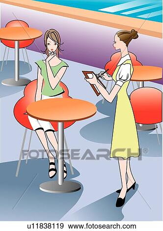 Stock Illustration - person, restaurants, two, sitting, illustration, restaurant, females. Fotosearch