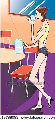 portrait, kettle, adults, person, one, indoors, modern women View Large Illustration Drawing - portrait, kettle, adults, person, one, indoors, modern women. Fotosearch