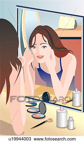 Drawing - portrait, smile, standing, vectors, mirror, make-up. Fotosearch