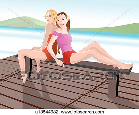 sitting, lake, modern women, women, illustration, smile View Large Illustration Drawing - sitting, lake, modern women, women, illustration, smile. Fotosearch