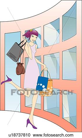 Clipart - walking, women, illustration, person, bags, one, shopping. Fotosearch