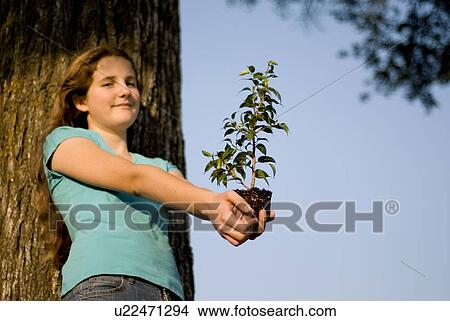 Picture - Twelve year old leans on large tree, holding small tree outward, Assiniboine Park, Winnipeg, Canada. Fotosearch
