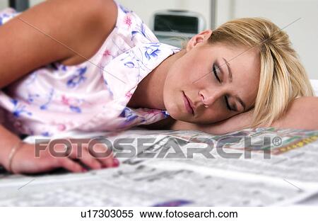 Woman Fell Asleep While Reading Newspaper Stock Photography U Fotosearch