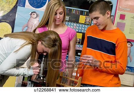 Students looking through microscope View Large Photo Image Stock Image - Students looking through microscope. Fotosearch