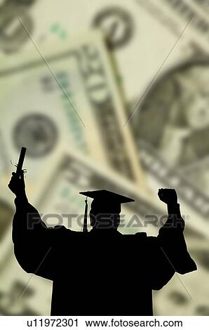 Stock Image - Graduate with money background. Fotosearch