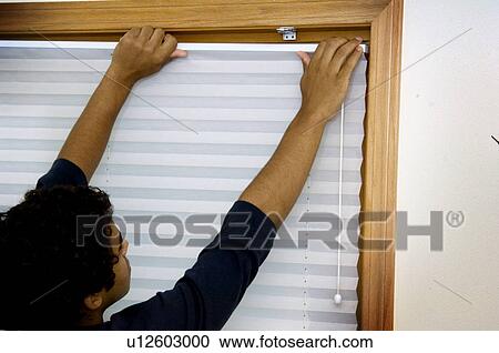 Stock Image - Man hanging blinds. Fotosearch