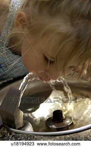 Stock Image - Girl drinking from fountain. Fotosearch