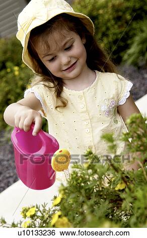 Stock Photograph - Little girl watering flowers. Fotosearch