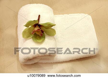 Folded towel with flower View Large Photo Image Stock Photo - Folded towel with flower. Fotosearch