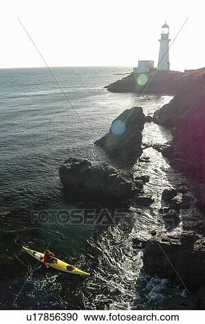 Stock Image - Man (30-35) kayaking in front of a lighthouse, Jordan River, B. C.. Fotosearch