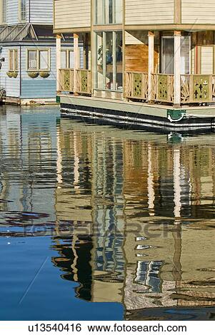 Reflections of houseboats at Fishermans Wharf, Victoria, BC View Large Photo Image Stock Photograph - Reflections of houseboats at Fishermans Wharf, Victoria, BC. Fotosearch