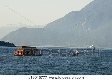 Tug Boat pulling logs through the ocean with mountains in the background, Howe Sound, BC View Large Photo Image Stock Photo - Tug Boat pulling logs through the ocean with mountains in the background, Howe Sound, BC. Fotosearch
