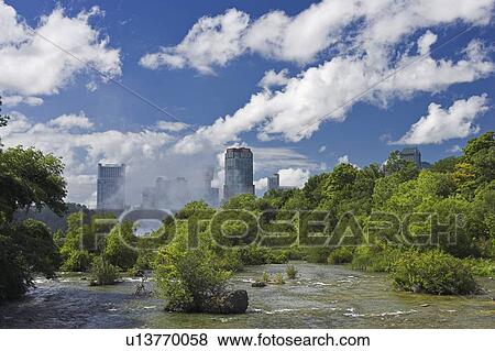 Stock Photo - The Niagara River looking towards Niagara Falls Ontario from the Three Sisters Islands, Niagara Falls State Park New York, USA. Fotosearch