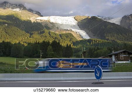 Stock Image - The truck traffic is a very sensitive problem in the alpine valleys, Glacier de Taconnaz, Chamonix, France. Fotosearch