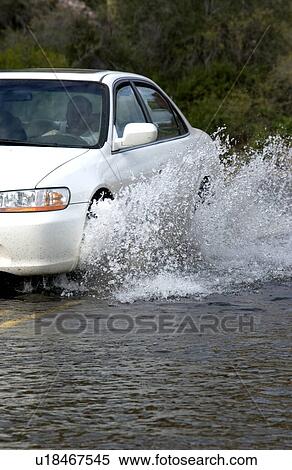 Vehicle driving on flooded road View Large Photo Image Stock Photography - Vehicle driving on flooded road. Fotosearch