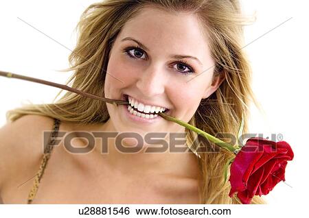 Woman with a rose in her mouth View Large Photo Image Stock Photograph - Woman with a rose in her mouth. Fotosearch