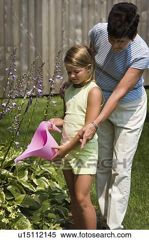 Grandmother and granddaughter watering flowers View Large Photo Image Stock Photography - Grandmother and granddaughter watering flowers. Fotosearch