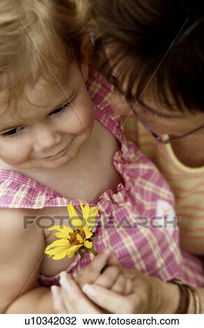 Grandmother holding a toddler with a flower in her hand View Large Photo Image Stock Image - Grandmother holding a toddler with a flower in her hand. Fotosearch