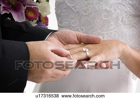 Stock Photo - Groom putting ring on bride's finger. Fotosearch