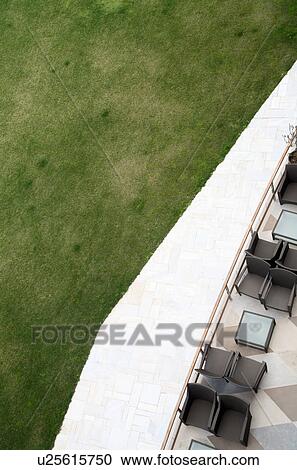 Stock Image - Aerial view of cafe and lawn. Fotosearch