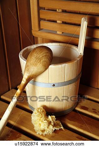 Wooden water bucket with spoon for sauna View Large Photo Image Picture - Wooden water bucket with spoon for sauna. Fotosearch