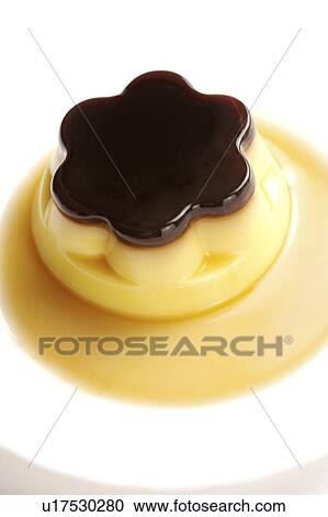 Stock Image - Pudding on plate, elevated view. Fotosearch