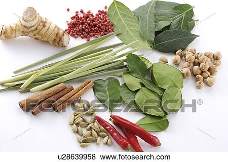 Stock Photo - Ingredients: ginger, lemon leaf, cinnamon, chili. Fotosearch