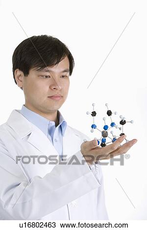 Stock Image - One man in lab coat holding molecular structure. Fotosearch