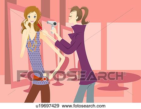 Stock Illustration - Hairdresser styling woman's hair . Fotosearch