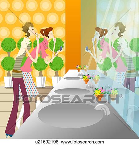 Stock Illustration - Two young women applying lipstick by mirror in restroom. Fotosearch