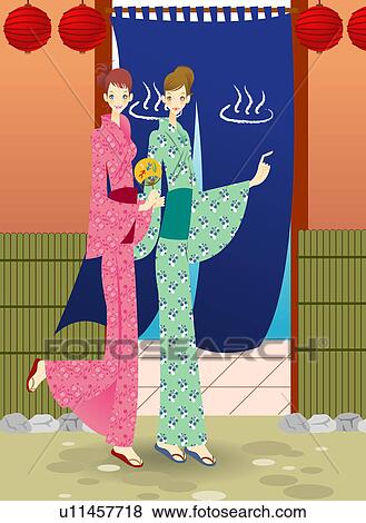 Two young women Kimono in front of sauna entrance View Large Illustration Stock Illustration - Two young women Kimono in front of sauna entrance. Fotosearch