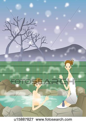 Two young women sitting by pool View Large Illustration Stock Illustration - Two young women sitting by pool. Fotosearch