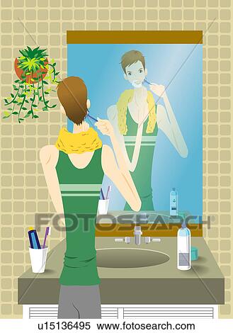 Young man shaving, looking at mirror, rear view View Large Illustration Stock Illustration - Young man shaving, looking at mirror, rear view. Fotosearch