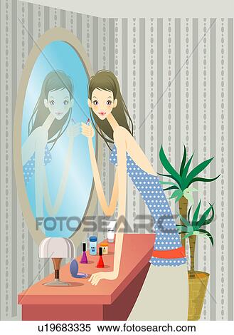 Stock Illustration - Young woman applying make up by mirror, side view. Fotosearch