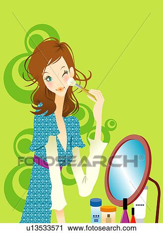 Young woman applying make-up, side view View Large Illustration Clip Art - Young woman applying make-up, side view. Fotosearch