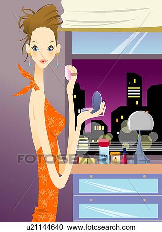 Clipart - Young woman applying make-up, side view. Fotosearch