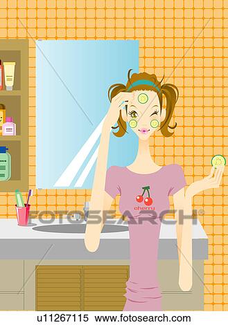 Young woman applying sliced cucumbers on face in bathroom View Large Illustration Stock Illustration - Young woman applying sliced cucumbers on face in bathroom. Fotosearch