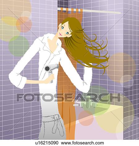 Clipart - Young woman in bathrobe drying hair in bathroom. Fotosearch