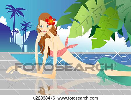 Stock Illustration - Young woman in bikini lying on front at beach, wearing flower on head, side view. Fotosearch