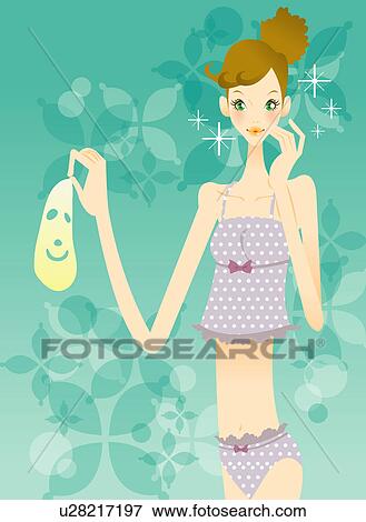 Stock Illustration - Young woman in underwear and tank top holding facial mask standing. Fotosearch