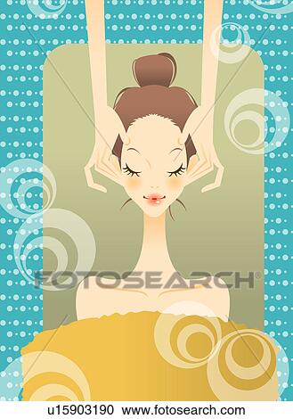 Clipart - Young woman receiving facial massage, eyes closed. Fotosearch