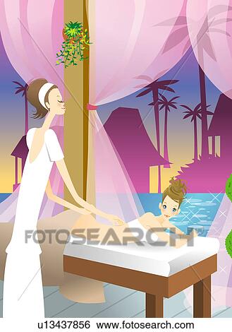Stock Illustration - Young woman receiving massage from massage therapist. Fotosearch