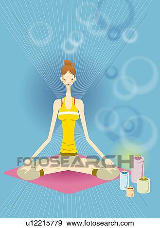 Young woman sitting in lotus position, eyes closed, meditating View Large Illustration Stock Illustration - Young woman sitting in lotus position, eyes closed, meditating . Fotosearch