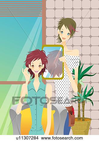 Stock Illustration - Young woman sitting, looking in the mirror holding in the woman's hands standing behind. Fotosearch