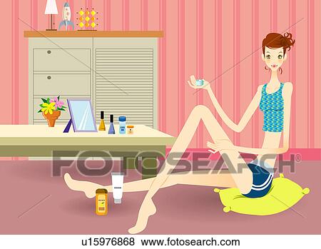 Stock Illustration - Young woman sitting on bedroom floor by make-up table. Fotosearch