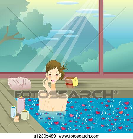 Stock Illustration - Young woman soaking in pool with petals. Fotosearch