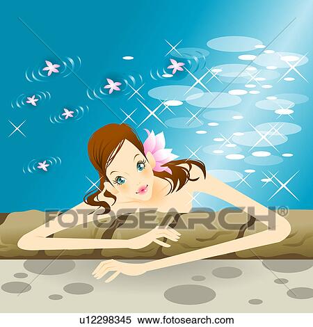 Stock Illustration - Young woman with flower on head leaning by pool, elevated view. Fotosearch